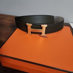 Hermès Reversible Belt 75 Craie Vert Gris Epsom Leather H Buckle + Box (Z Stamp)